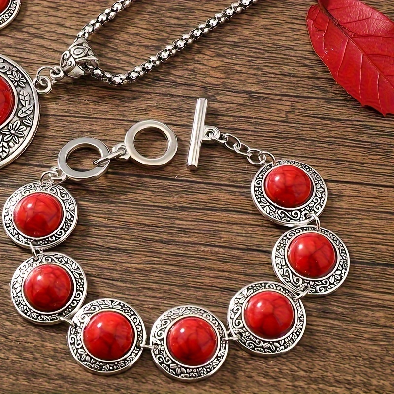 Bright Red Turquoise Necklace Set, Ancient Ethnic 3pcs